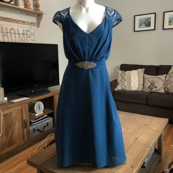 Blue Knee Length Bridesmaid Dress - Hush Collection + Rhinestone Sash - Picture 1 of 15
